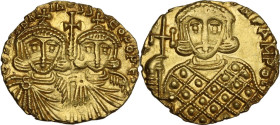 Constantine V Copronymus with Leo IV (741-775). AV Solidus, Syracuse mint. Struck 751-775. Obv. COhSTAhTINOS S LЄO Oh Є. Facing busts of Constantine V...