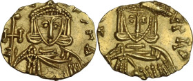 Constantine V Copronymus with Leo IV (741-775). AV Tremissis, Syracuse mint. Obv. [ ] NSTA. Facing crowned and draped bust of Constantine, holding cro...