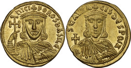 Nicephorus I with Stauracius (802-811 AD). AV Solidus. Constantinople mint. Struck AD 803-811. Obv. ҺICIFOROS ЬASILЄ'. Crowned facing bust of Nicephor...