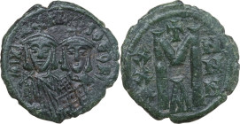 Michael II with Theophilus (821-829). AE Follis. Constantinople mint. Struck 821-829. Obv. mIXA HL S ΘEOFIL'. Crowned facing busts of Michael, wearing...