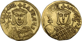 Michael II the Amorian, with Theophilus (820-829). AV Solidus. Constantinople mint. Struck 821-829 AD. Obv. *mIXAHL ЬASILЄЧS. Crowned and draped facin...