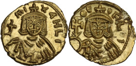 Michael II the Amorian, with Theophilus (820-829). AV Semissis. Syracuse mint. Obv. MI XAHLI. Crowned facing bust of Michael II, wearing chlamys, hold...
