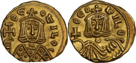 Theophilus (829-842). AV Solidus, Syracuse mint. Obv. ΘEOFILOS. Crowned facing bust of Theophilus, wearing loros, holding cross potent. Rev. ΘEOFILOS....