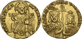 Basil I the Macedonian, with Constantine (868-879 AD). AV Solidus, Constantinople mint. Obv. +IhS XPS REX REGNANTIЧM*. Christ, nimbate, enthroned faci...