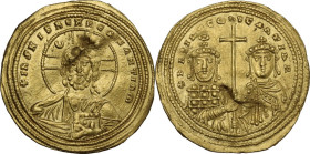 Basil II and Constantine VIII (976-1025). AV Histamenon nomisma, Constantinople mint, 1005-1025. Obv. + IҺS XIS RЄX RЄςNANTIҺm. Bust of Christ Pantokr...