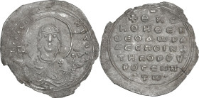 Theodora (Second reign, 1055-1056). 2/3 Miliaresion. Constantinople mint. Obv. H RΛAXЄPNITICA. Facing bust of the Virgin Mary, orans. Rev. + ΘKЄ / BOH...