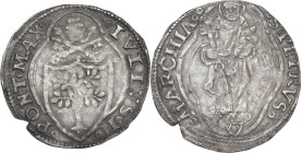 Ancona. Giulio II (1503-1513), Giuliano della Rovere. Terzo di giulio. D/ Stemma Della Rovere sormontato da chiavi decussate e tiara. R/ San Pietro ni...