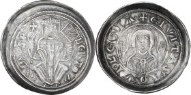 Aquileia. Bertoldo di Merania (1218-1251). Denaro. D/ Patriarca mitrato di fronte seduto su faldistorio con croce e Vangelo. R/ Busto della Beata Verg...
