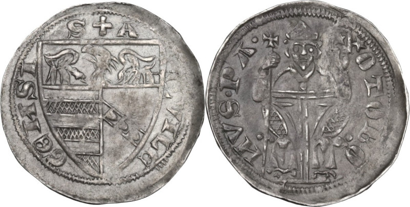 Aquileia. Ottobono de' Robari (1302-1315). Denaro. D/ Il Patriarca seduto in fal...