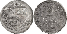Aquileia. Ottobono de' Robari (1302-1315). Denaro. D/ Il Patriarca seduto in faldistorio con pallio e mitra, tiene nella destra lunga croce e nella si...