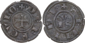 Ascoli. Repubblica Autonoma (sec. XIV). Denaro o picciolo di III tipo. D/ Croce patente. R/ Le lettere (EMID) I V S disposte a triangolo attorno a glo...