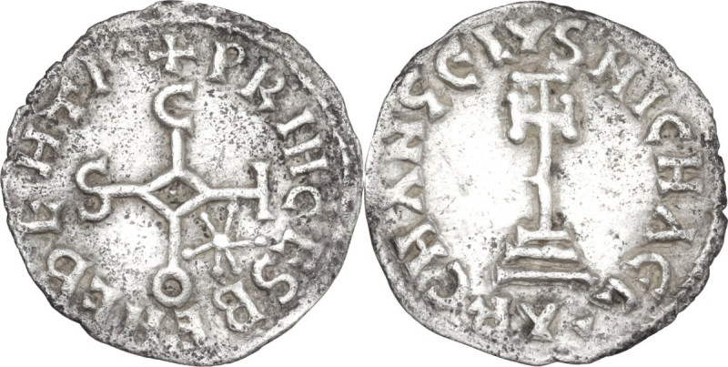 Benevento. Sicone (817-832). Denaro. D/ Monogramma di Sicone disposto a croce; i...