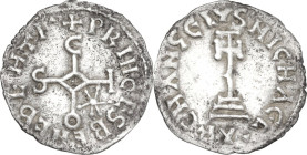 Benevento. Sicone (817-832). Denaro. D/ Monogramma di Sicone disposto a croce; in basso, a destra, astro a sei raggi. R/ Croce potenziata su tre gradi...