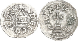 Benevento. Adelchi (853-878). Denaro. D/ Tempio stilizzato carolingio. R/ Croce potenziata su tre gradini. CNI 4/6 e 20/28; MEC 1, 1113/114; D'Andrea-...