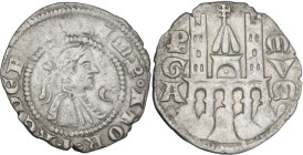 Bergamo. Comune a nome di Federico II (sec. XIII-XIV). Denaro planeto. D/ Busto laureato a destra; davanti, lettera C. R/ Edificio centrale ad un arco...