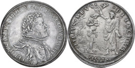 Firenze. Ferdinando I de Medici (1587-1609). Piastra 1591. D/ Busto corazzato e paludato a destra. R/ La scena del battesimo con San Giovanni piegato ...