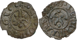 Foligno. Corrado II Trinci (1438-1439), Signore. Denaro piccolo. D/ Le lettere (FVLGI) NEO disposte a triangolo attorno a globetto. R/ Due busti di ca...