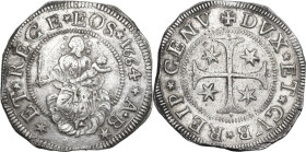 Genova. Dogi Biennali (1528-1797), III fase (1637-1797). Scudo stretto 1664, sigle AB. D/ La Beata Vergine col Bambino benedicente sulle nubi. R/ Croc...