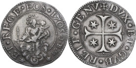 Genova. Dogi Biennali (1528-1797), III fase (1637-1797). Scudo stretto 1705, sigle IBM. D/ La Beata Vergine nimbata di stelle in cielo su nube tiene n...