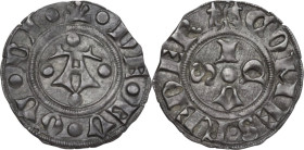 Gubbio. Federico di Montefeltro (1444-1482). Bolognino. D/ Grande A gotica accostata da globetti. R/ Le lettere (FEDER) I C V S disposte a croce attor...
