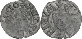 Gubbio. Federico di Montefeltro (1444-1482). Picciolo. D/ Scudo a targa con bande feltresche e aquile ad ali spiegate; ai lati, punti. R/ Scudo gotico...