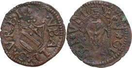 Gubbio. Guidobaldo I da Montefeltro (1482-1508). Picciolo. D/ Scudo a bande feltresco; sopra tre globetti. R/ Sant'Ubaldo nimbato e mitrato in piedi d...