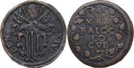 Gubbio. Benedetto XIV (1740-1758), Prospero Lambertini. Mezzo baiocco 1753. D/ Stemma Lambertini sormontato da tiara e chiavi decussate. R/ MEZ BAIOC ...