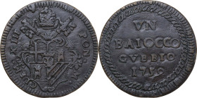 Gubbio. Clemente XIII (1758-1769) , Carlo Rezzonico. Baiocco 1759. D/ Stemma Rezzonico sormontato da tiara e chiavi decussate. R/ VN BAIOCCO GVBBIO 17...