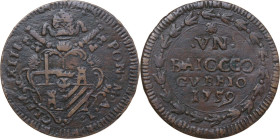 Gubbio. Clemente XIII (1758-1769) , Carlo Rezzonico. Baiocco 1759 A. I. D/ Stemma Rezzonico sormontato da tiara e chiavi decussate. R/ .VN. BAIOCCO GV...
