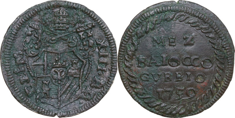 Gubbio. Clemente XIII (1758-1769) , Carlo Rezzonico. Mezzo baiocco 1759. D/ Stem...