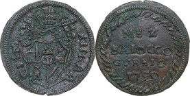 Gubbio. Clemente XIII (1758-1769) , Carlo Rezzonico. Mezzo baiocco 1759. D/ Stemma poligonale Rezzonico sormontato da tiara e chiavi decussate. R/ MEZ...