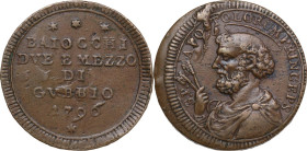 Gubbio. Pio VI (1775-1799), Giovanni Angelo Braschi. Sampietrino da due baiocchi e mezzo 1796. D/ BAIOCCHI DVE E MEZZO DI GVBBIO 1796 su cinque righe;...