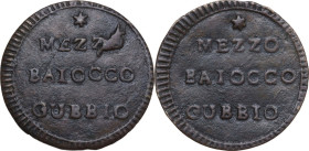 Gubbio. Municipalità provvisoria (1798). Mezzo baiocco. D/ MEZZO BAIOCCO GUBBIO su tre righe sormontato da stella. R/ MEZZO BAIOCCO GUBBIO su tre righ...