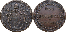 Gubbio. Pio VI (1775-1799), Giovanni Angelo Braschi. Due baiocchi A. XV. D/ Stemma Braschi sormontato da tiara e chiavi decussate. R/ DVE BAIOCCHI GVB...