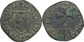 L'Aquila. Carlo VIII Re di Francia (1495). Doppio (?) Cavallo. D/ Lo scudo di Francia coronato. R/ Piccola croce ancorata; sotto, aquiletta coronata. ...