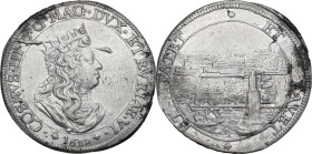 Livorno. Cosimo III de' Medici (1670-1723). Tollero 1680. D/ Busto a destra con corona dentata e con lunga capigliatura. R/ Veduta del porto di Livorn...