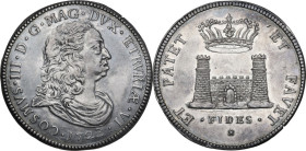 Livorno. Cosimo III de' Medici (1670-1723). Tollero 1723. D/ Busto paludato a destra con folta capigliatura. R/ La fortezza vecchia di Livorno sormont...