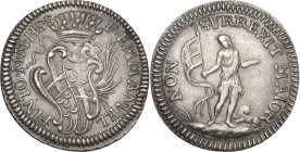 Malta. Emmanuel Pinto (1741-1773). Medaglia dal valore di 6 tarì. D/ Stemma del Gran Maestro coronato. R/ San Giovanni Battista regge lunga asta con v...