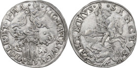 Mesocco. Gian Giacomo Trivulzio (1487-1518). Cavallotto o grosso da 9 soldi. D/ Stemma sormontato da cimiero e pennacchi. R/ San Giorgio a cavallo gra...