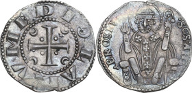 Milano. Prima Repubblica (1250-1310). Ambrosino. D/ Croce patente accantonata da crescenti e globetti. R/ Sant'Ambrogio nimbato con tiara di fronte se...