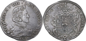 Milano. Filippo IV di Spagna (1621-1665). Filippo 1657. D/ Busto a destra con gorgera e spallaccio di forma leonina; sul petto, collare del toson d'or...