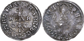 Padova. Francesco I da Carrara (1355-1388). Carrarino da due soldi. D/ Il carro tra le lettere F-F, il timone attraversa il contorno lineare e la lege...