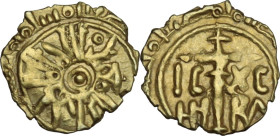 Palermo o Messina. Ruggero II (1105-1154). Tarì, dopo il 1140. D/ Legenda circolare, sul primo giro: il re Ruggero esaltato da Dio; sul secondo, indic...