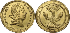 Palermo. Carlo VI d'Asburgo (1707-1734), poi Carlo III. Oncia 1733. D/ Volto del Re a destra. R/ La Fenice sul rogo ad ali spiegate illuminata dai rag...