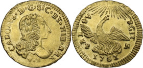 Palermo. Carlo di Borbone (1734-1759). Oncia 1751. D/ Busto del Re con lunga capigliatura volto a destra; in basso, sigle V B. R/ Fenice sul rogo ad a...