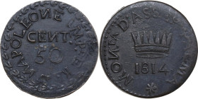 Palmanova. Assedio Austriaco (1814). 50 centesimi 1814. D/ CENT / 50. R/ Corona ferrea; sotto, 1814. CNI 1; Pag. (decimali) 281; Mont. 65. MI. 12.33 g...