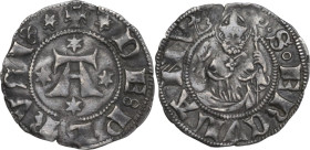 Perugia. Repubblica (1260-1506). Bolognino riferibile all'ordinanza del 1395. D/ Grande A tra quattro stelle. R/ Sant'Ercolano stante di fronte regge ...