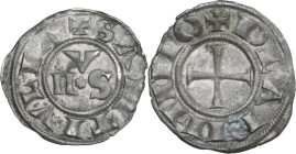 Rimini. Autonome (1250-1385). Denaro. D/ Le lettere (IVLIA) NVS disposte a triangolo attorno a stella. R/ Croce patente. CNI -; MIR (Emilia) 1354; Bel...