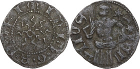 Rimini. Galeotto Roberto (1429-1432). Quattrino. D/ Sole a otto raggi con croce potenziata al centro. R/ Figura quasi intera di San Giuliano di fronte...