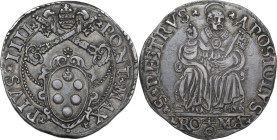 Roma. Pio IV (1559-1565), Gian Angelo de' Medici. Testone. D/ Stemma ovale Medici sormontato da tiara e chiavi decussate. R/ San Pietro, con piviale e...
